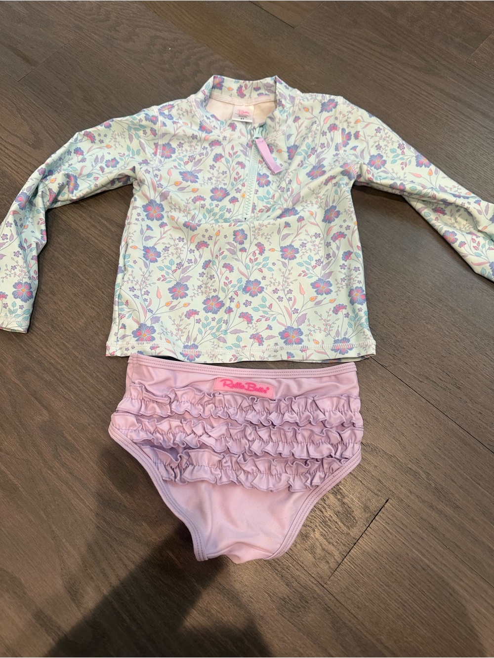 Ruffle Butts Pastel Floral Long-Sleeve Rashguard with Pink Ruffled Swim Bottoms